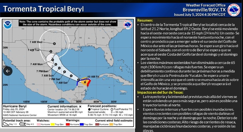 Beryl ya es tormenta tropical; pasará cerca de Playa Bagdad como Huracán categoría 1