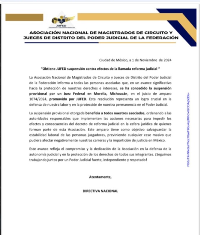 Conceden suspensión para evitar cese masivo de juzgadores por reforma al PJF