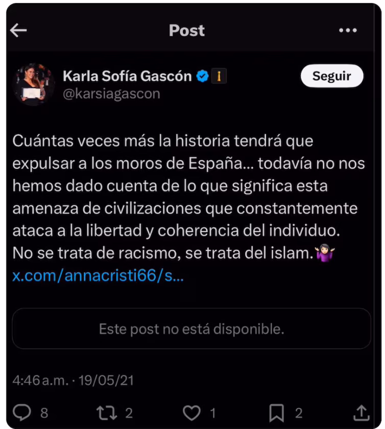 Acusan a Karla Sofía Gascón de ser racista
