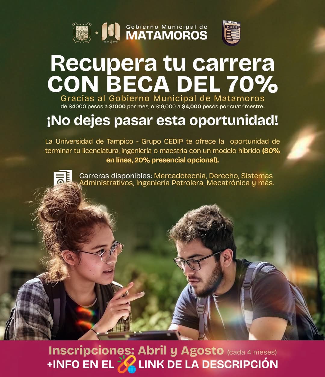 Recupera tu carrera con el apoyo del Gobierno Municipal; con una beca del 70 por ciento