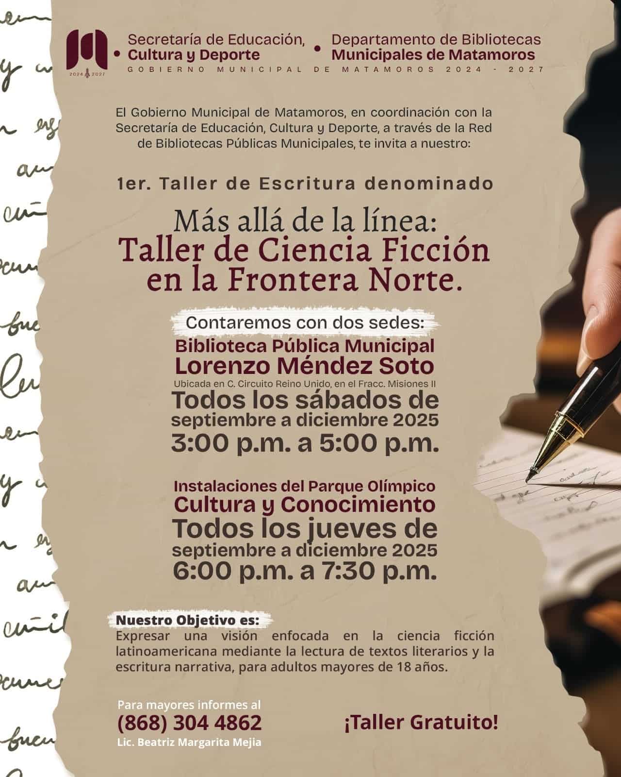 Gobierno de Matamoros invita al Primer Taller de Ciencia Ficción en la Frontera Norte