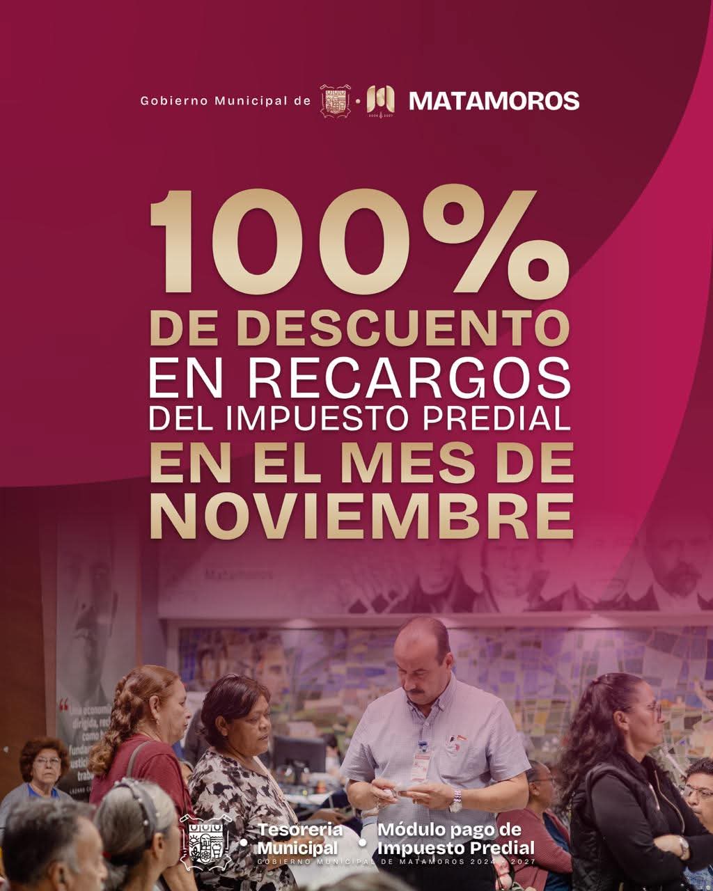 Exhorta gobierno de Matamoros a aprovechar el 100 por ciento de descuento en recargos del predial este Noviembre