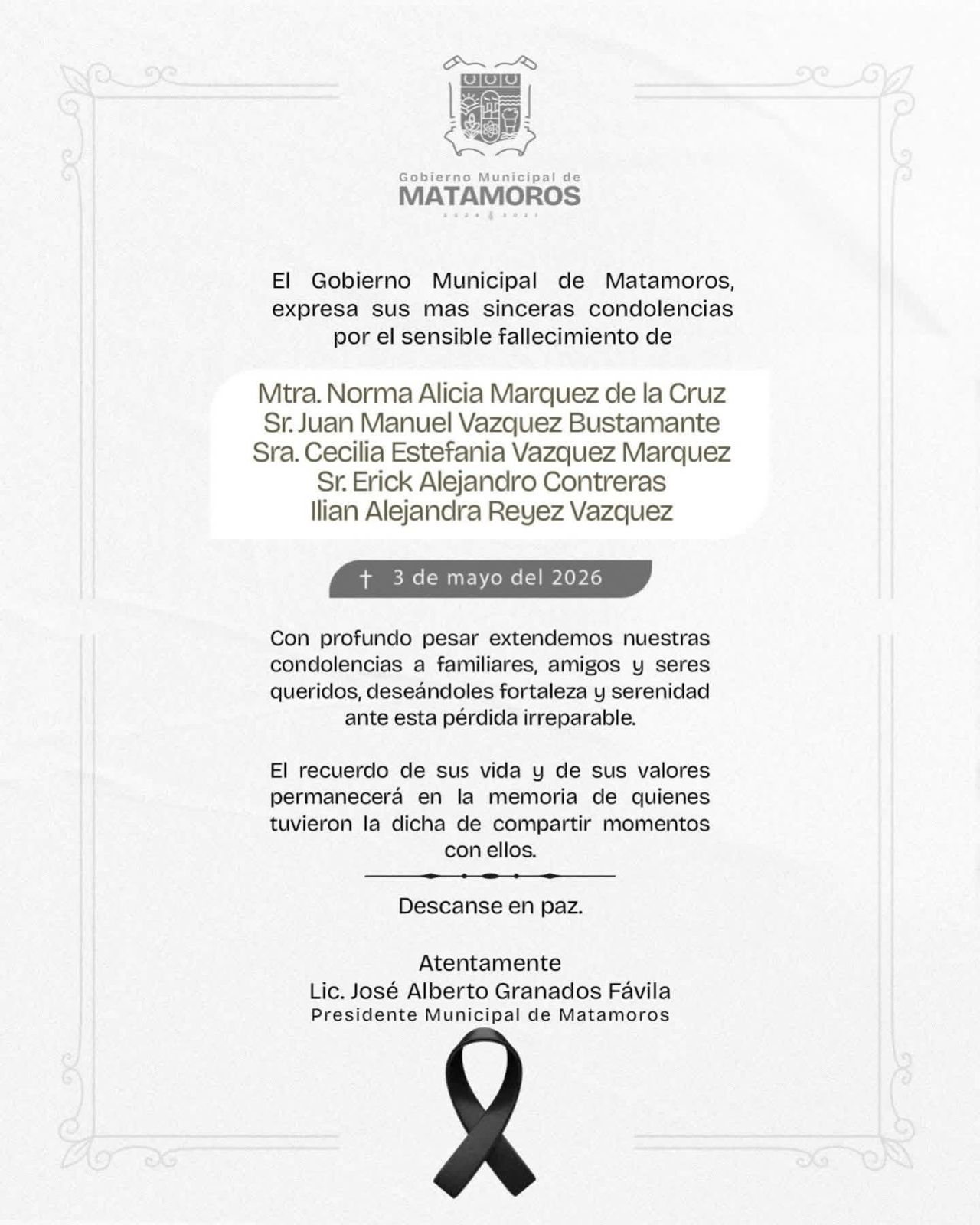 El alcalde Beto Granados, expresó sus más sinceras condolencias a la familia de las víctimas