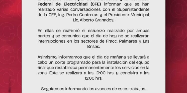 Gobierno de Matamoros y CFE coordinan acciones para garantizar el suministro eléctrico en Palmares y Las Brisas