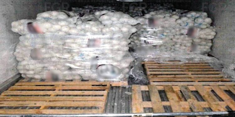 Aseguramiento de cristal oculto en un cargamento de cebollas durante un operativo en Reynosa.
