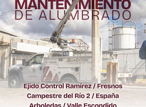 El Gobierno Municipal de Matamoros, encabezado por el alcalde Beto Granados, continúa reforzando las acciones de mantenimiento al sistema de alumbrado público, con el objetivo de brindar calles mejor iluminadas y espacios más seguros para las familias matamorenses. Como parte de estas labores, las cuadrillas de Alumbrado Público realizaron trabajos en el Ejido Control Ramírez, Fresnos, Campestre del Río 2, España, Arboledas, Valle Escondido, Mariano, Fidel Velázquez, Valle de Casa Blanca y Paseo Residencial, atendiendo reportes y dando mantenimiento preventivo a las luminarias. Estas acciones forman parte del programa permanente de mejora de los servicios públicos que impulsa la administración municipal para fortalecer la seguridad, facilitar la movilidad y elevar la calidad de vida de la población. El Gobierno Municipal reiteró que continuará trabajando todos los días para ampliar la cobertura y el mantenimiento del alumbrado público, contribuyendo a que Matamoros siga brillando.