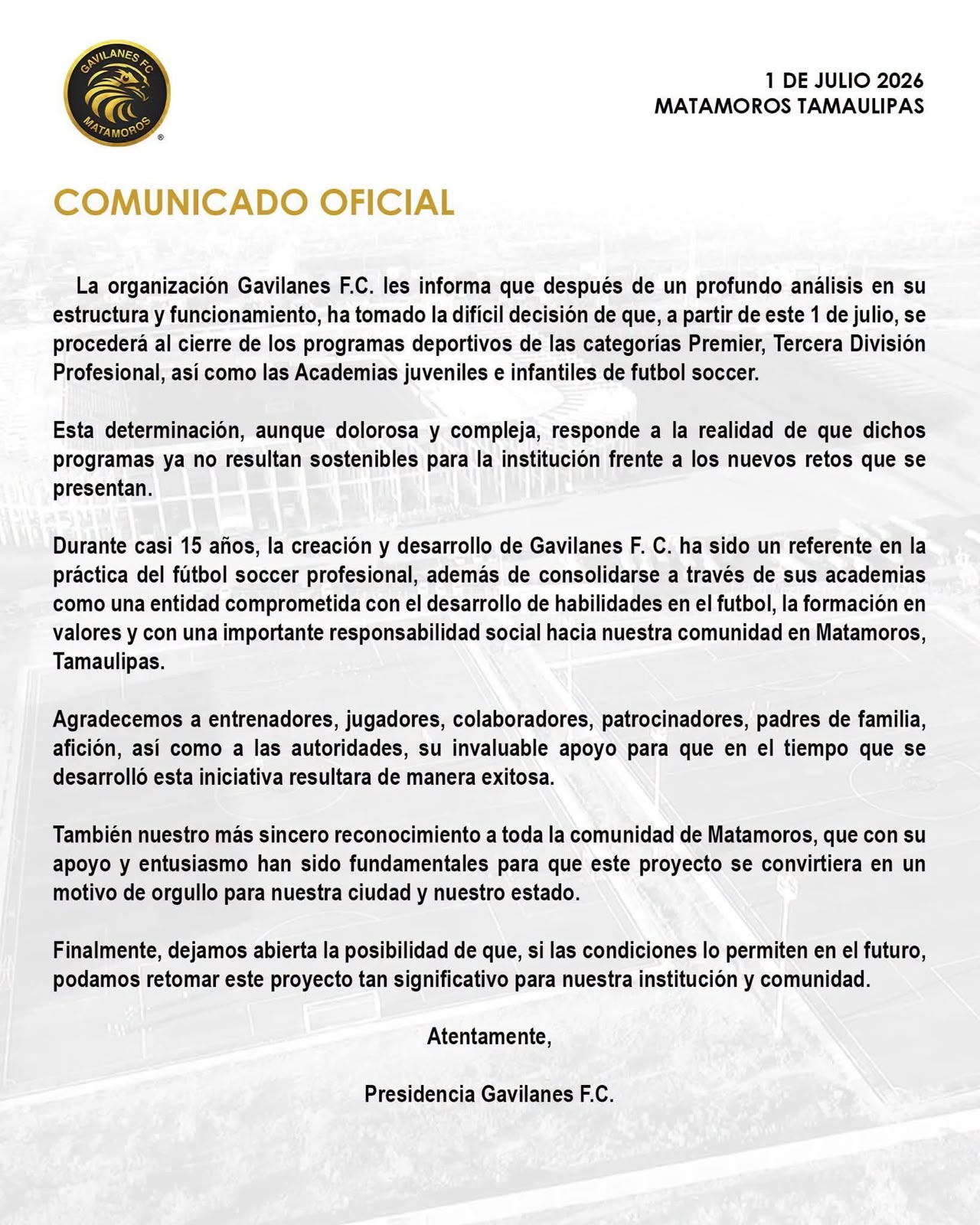 Comunicado Gavilanes FC Matamoros