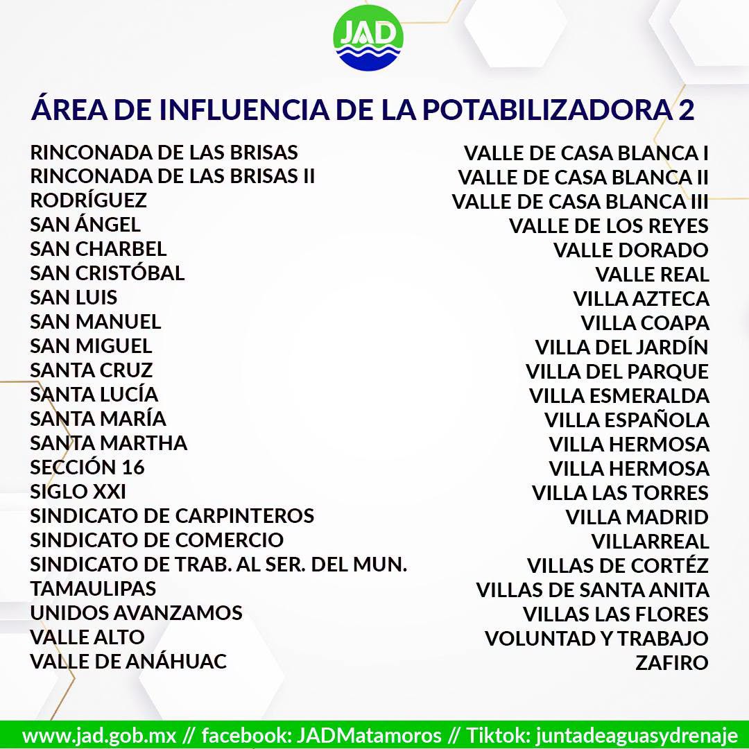 JAD: estas colonias de Matamoros se quedarán sin agua el 24 y 25 de octubre