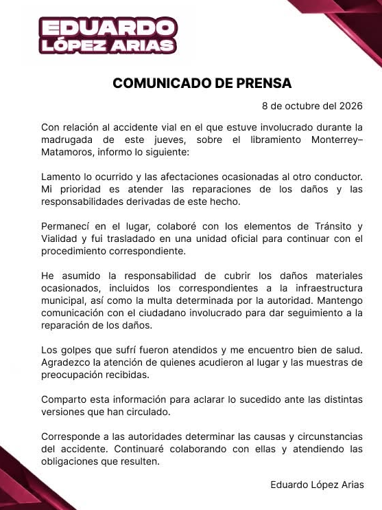 El Arqui no descarta haber conducido borracho tras chocar en Reynosa 